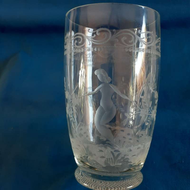 4 Etched victorian Tumblers - dancing Nude Lady Nymphs