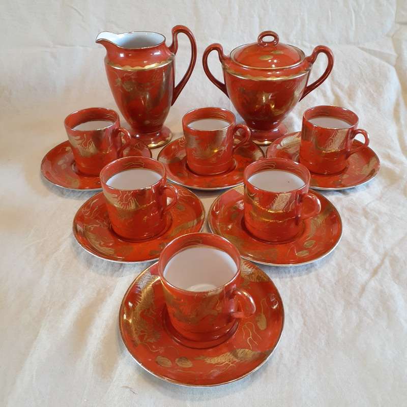 6Japanese coffee set Demi-Tasse -Red with gold dragons jug and sugar basin