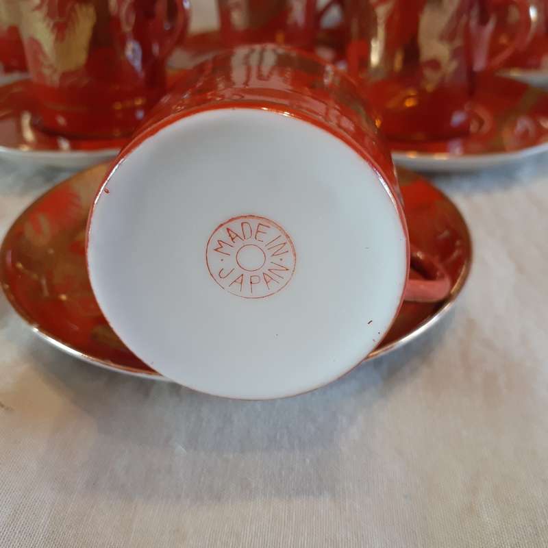 6Japanese coffee set Demi-Tasse -Red with gold dragons jug and sugar basin