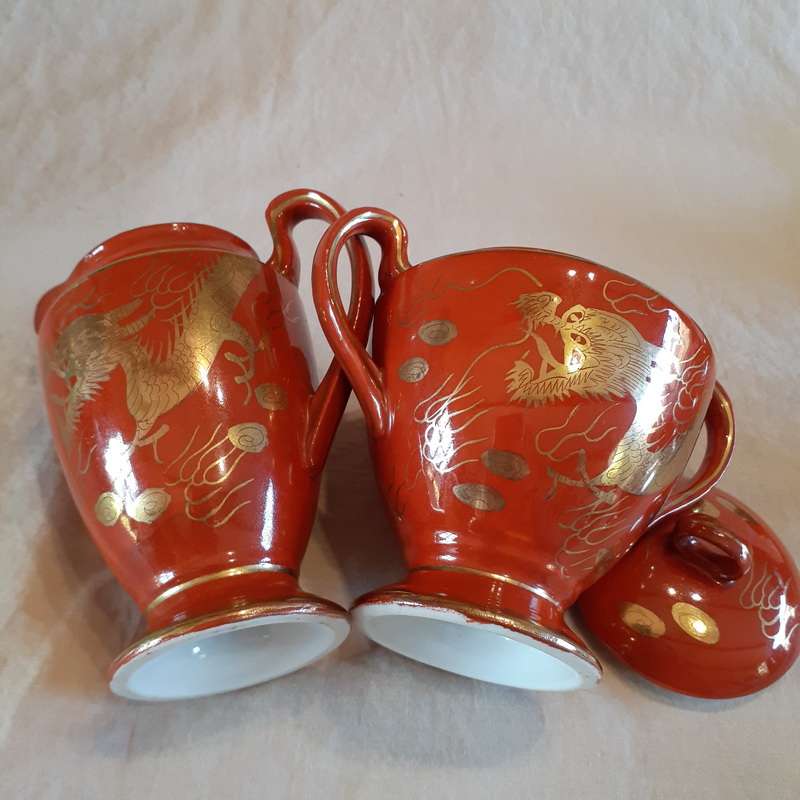 6Japanese coffee set Demi-Tasse -Red with gold dragons jug and sugar basin