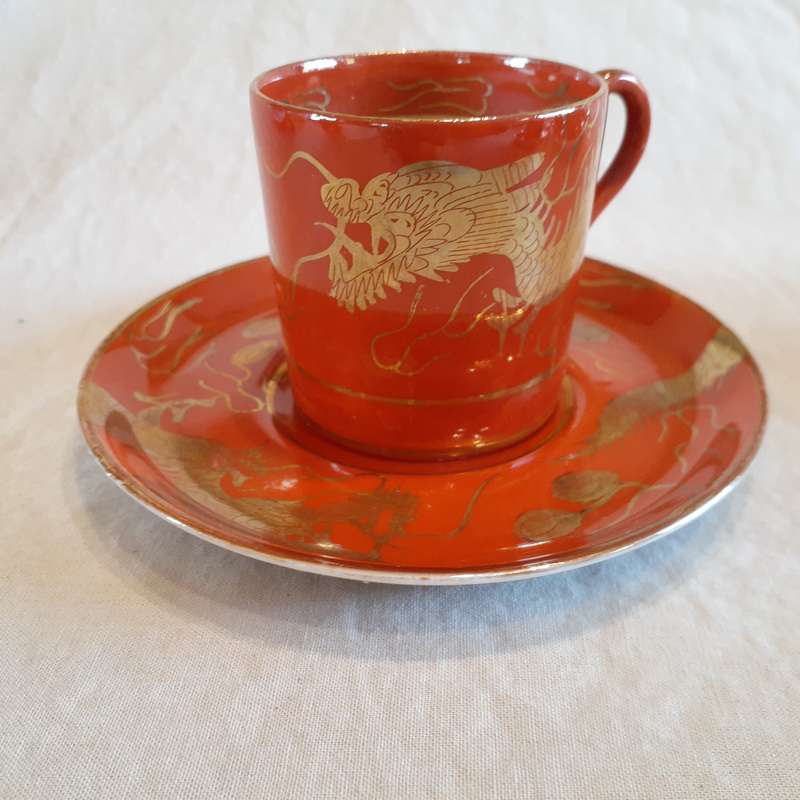 6Japanese coffee set Demi-Tasse -Red with gold dragons jug and sugar basin