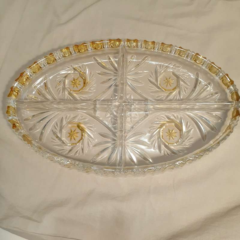 Cut glass vanity dressing table trinket dish platter - Walther glass -1970's large 30cm length