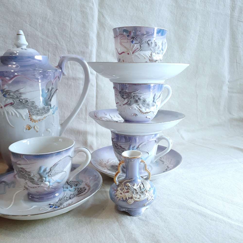 Japanese iridescent dragonware  tea coffee set - geisha lithophane inside the cups