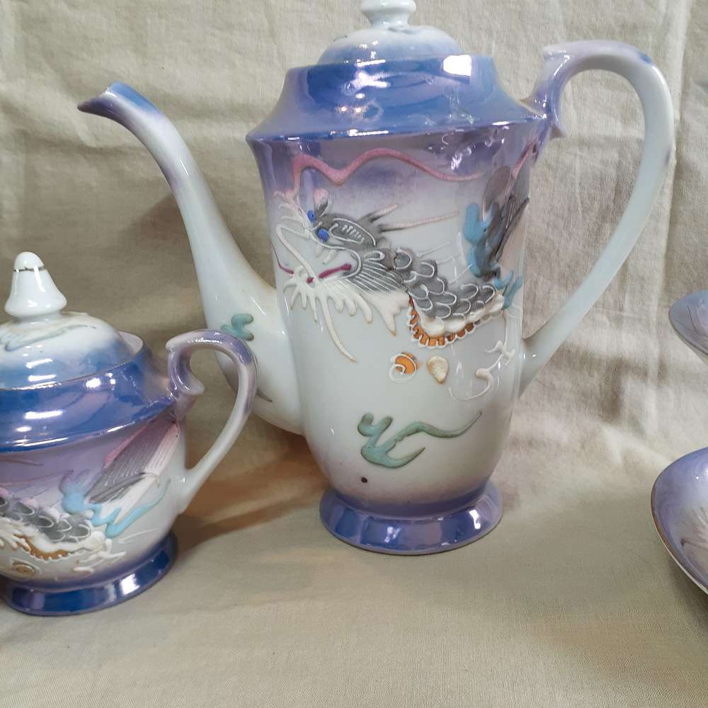 Japanese iridescent dragonware  tea coffee set - geisha lithophane inside the cups
