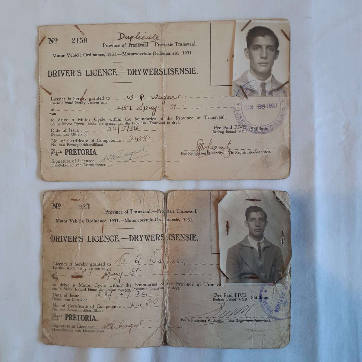 Old SA motorcycle drivers licences 1934 and 1937 - Transvaal