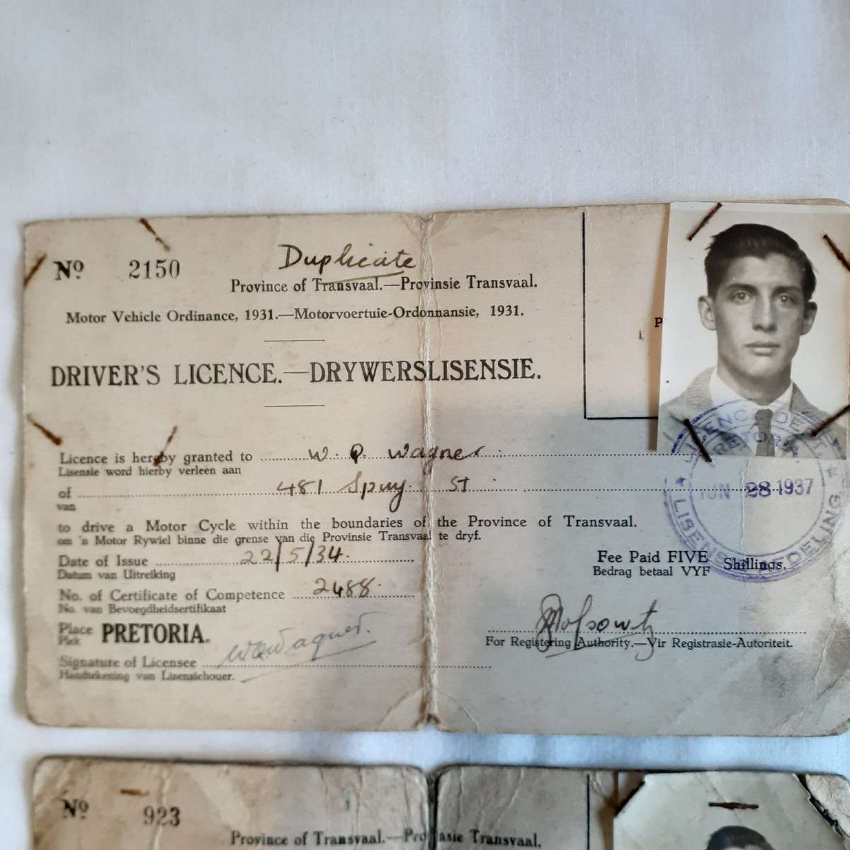Old SA motorcycle drivers licences 1934 and 1937 - Transvaal