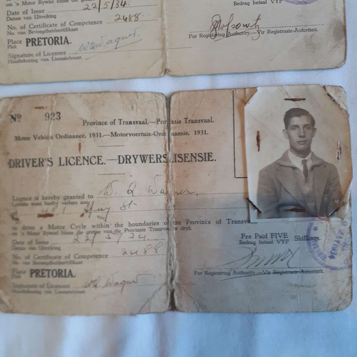 Old SA motorcycle drivers licences 1934 and 1937 - Transvaal