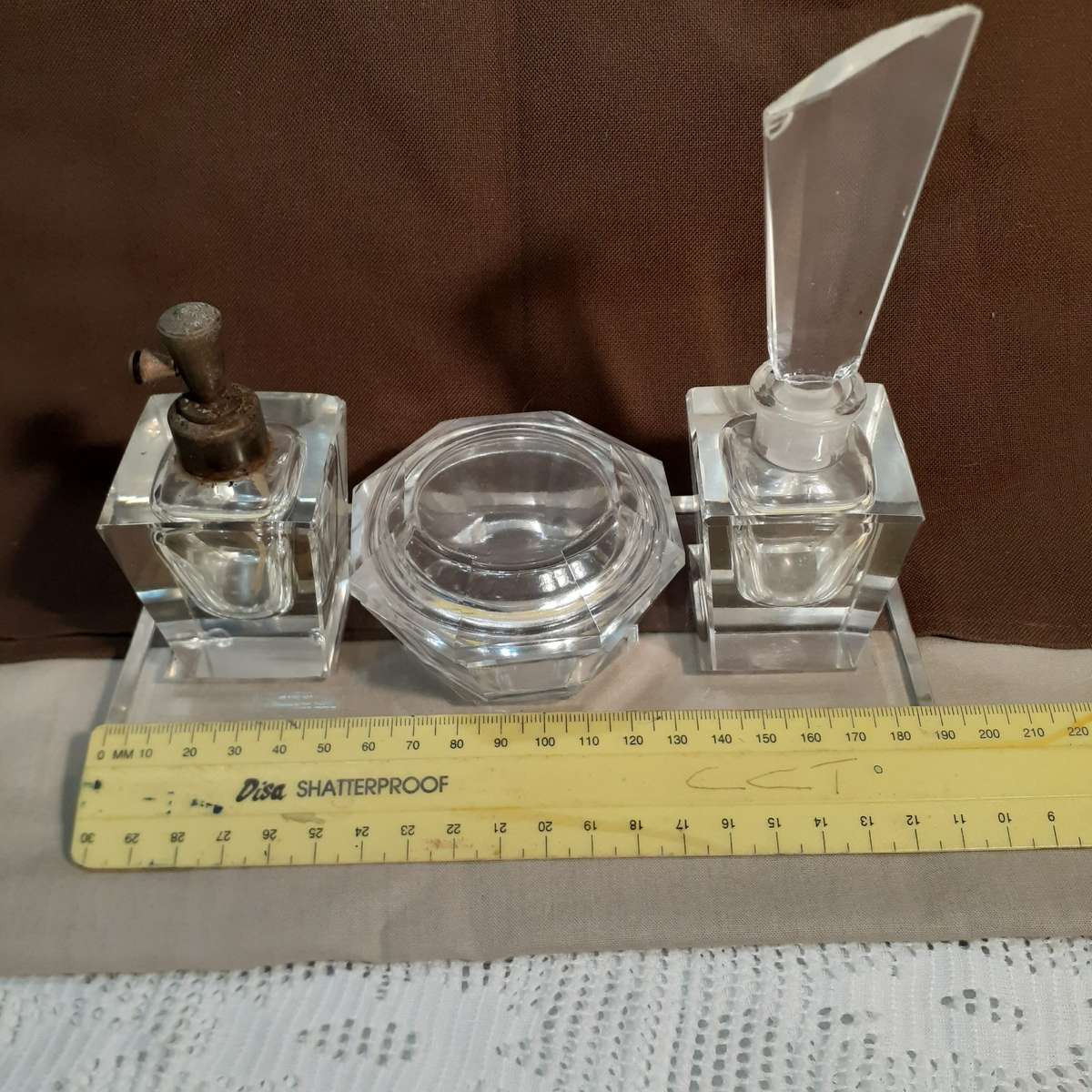 Crystal glass Deco dressing table set - some damage