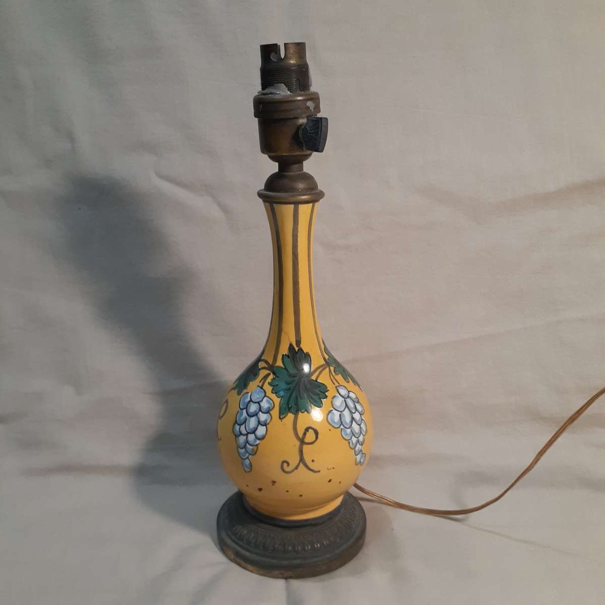 Ceramic Table Lamp hand painted French? Italian Vintage . Polychrome Mustard with grape design