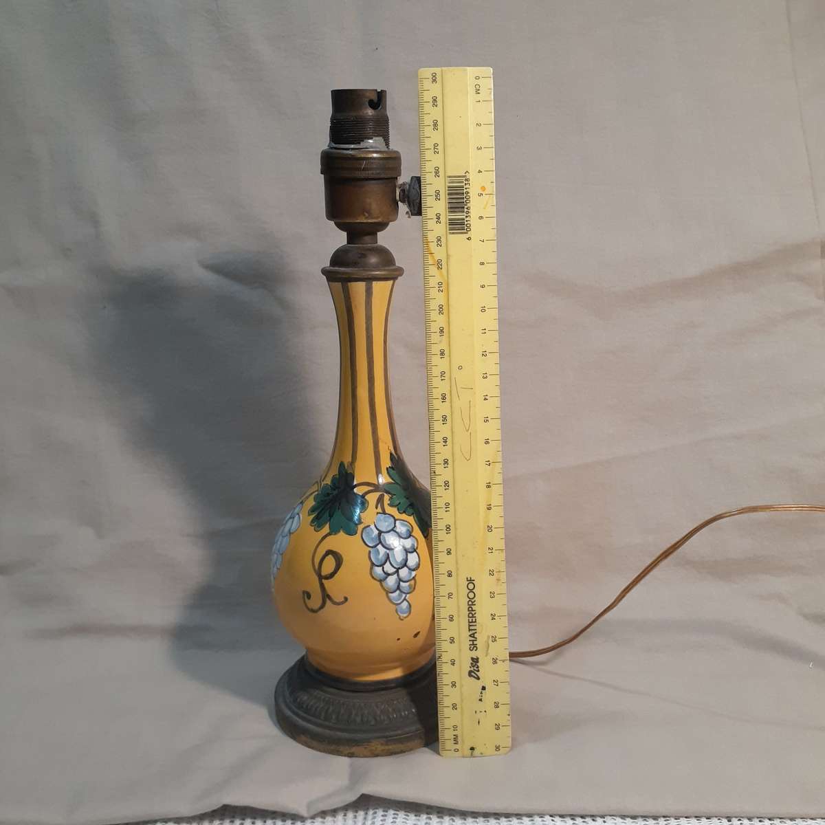 Ceramic Table Lamp hand painted French? Italian Vintage . Polychrome Mustard with grape design