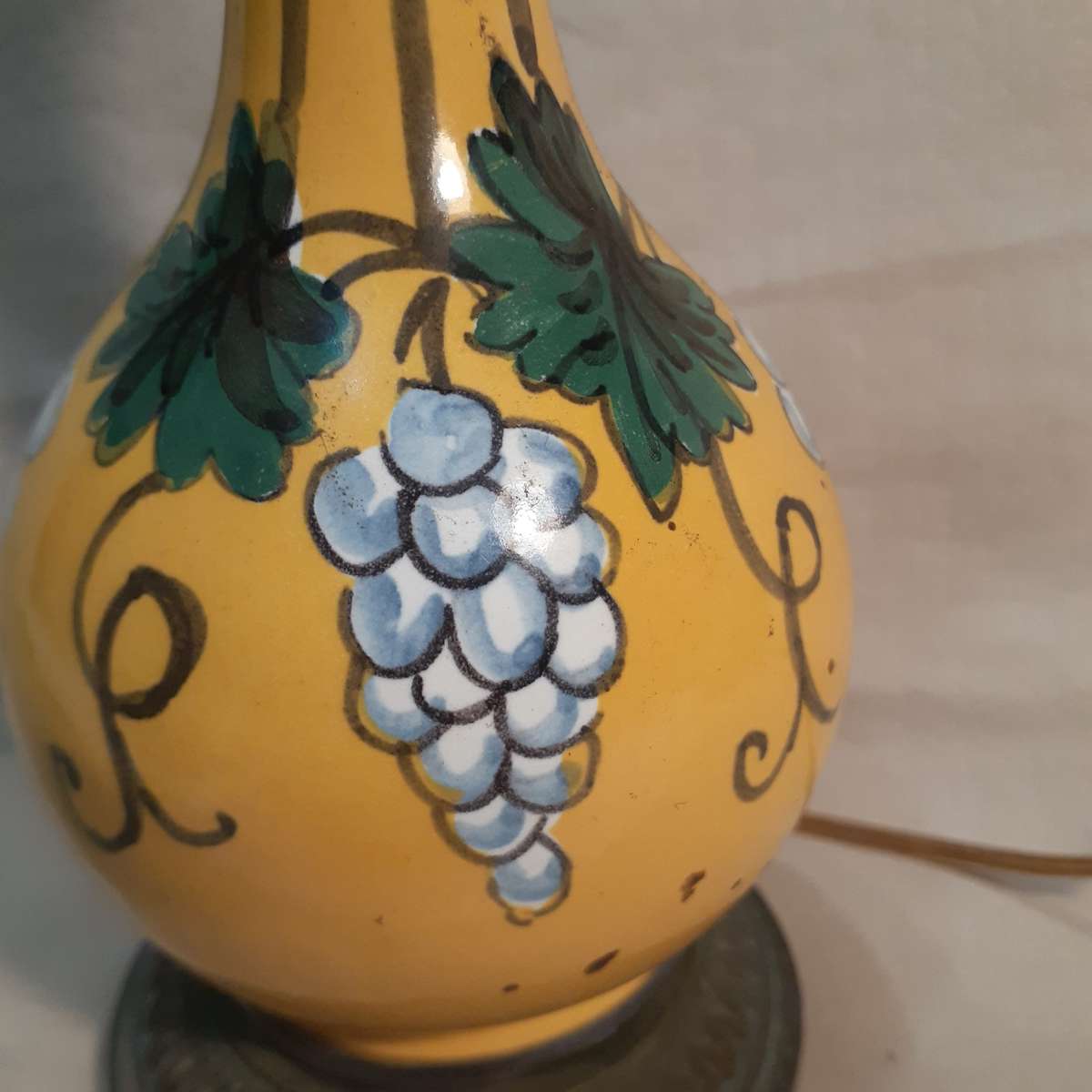 Ceramic Table Lamp hand painted French? Italian Vintage . Polychrome Mustard with grape design