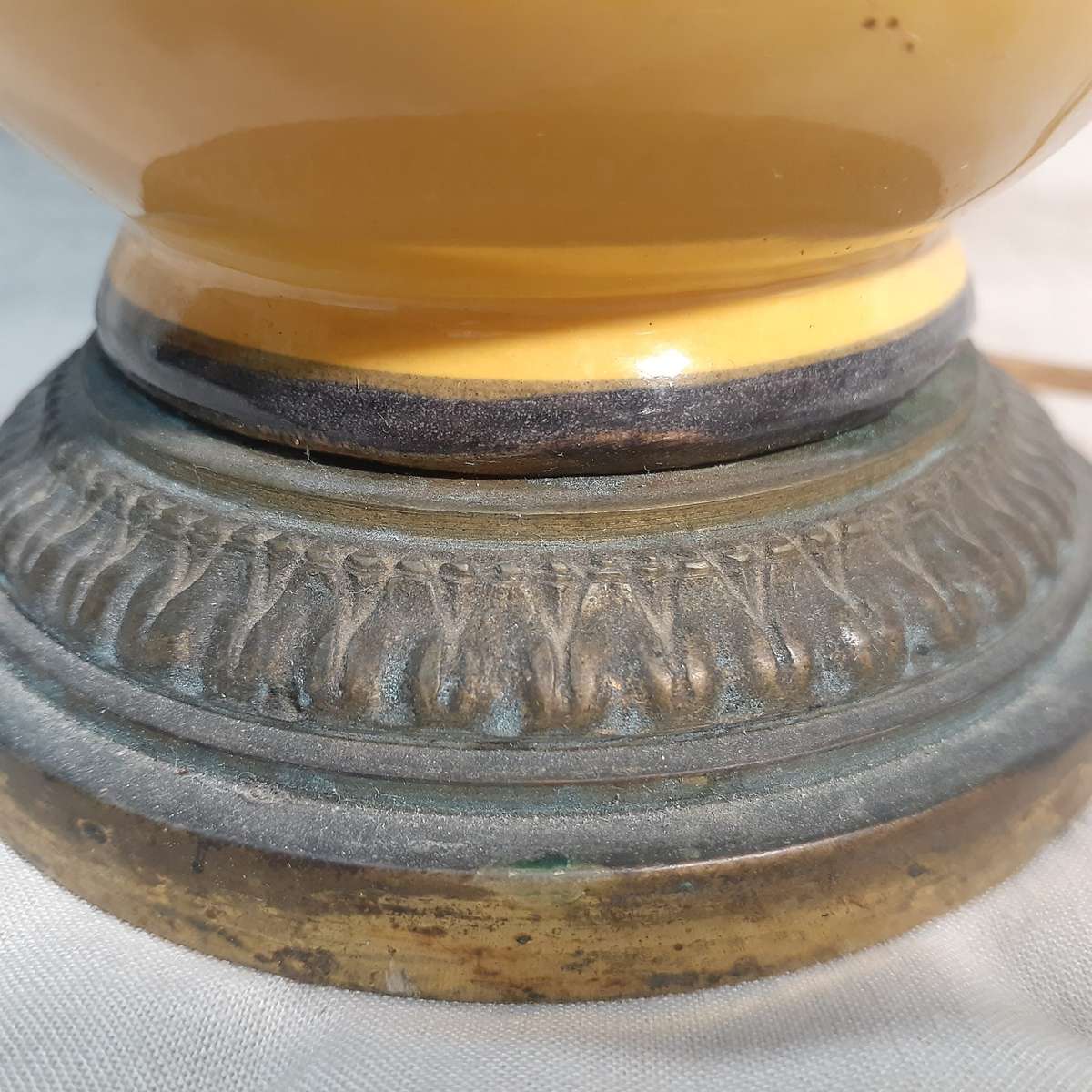 Ceramic Table Lamp hand painted French? Italian Vintage . Polychrome Mustard with grape design