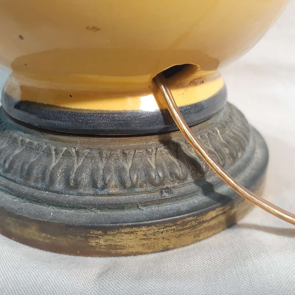 Ceramic Table Lamp hand painted French? Italian Vintage . Polychrome Mustard with grape design