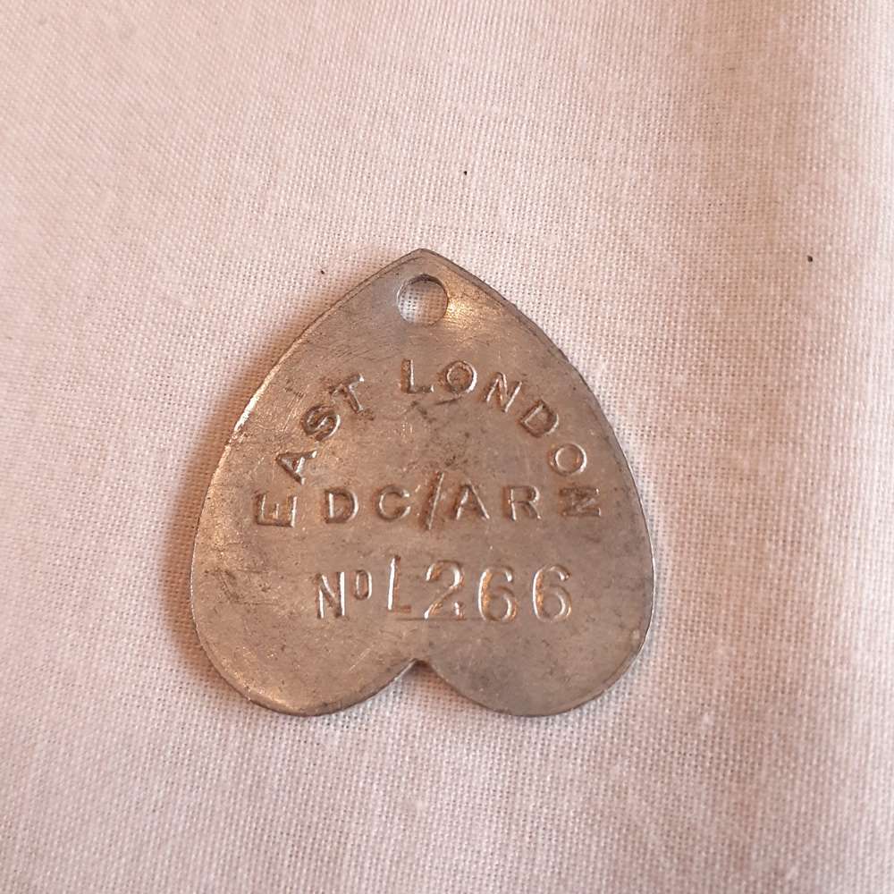 Aluminium 1965 Tag dog tag "East London DC/AR No 11266" Heart Shaped badge