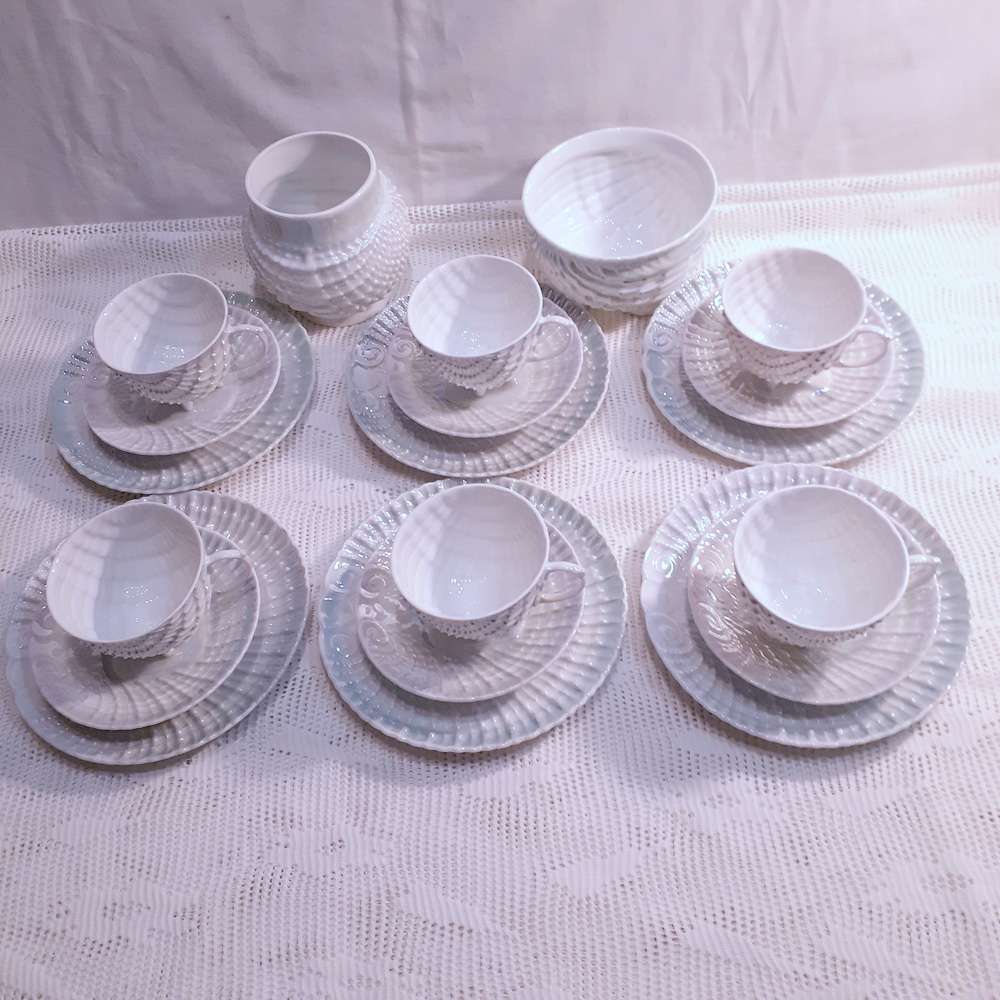 6 Bohemian tea trios - pearl lustre irridescent Victoria Austria plus 2 bowls