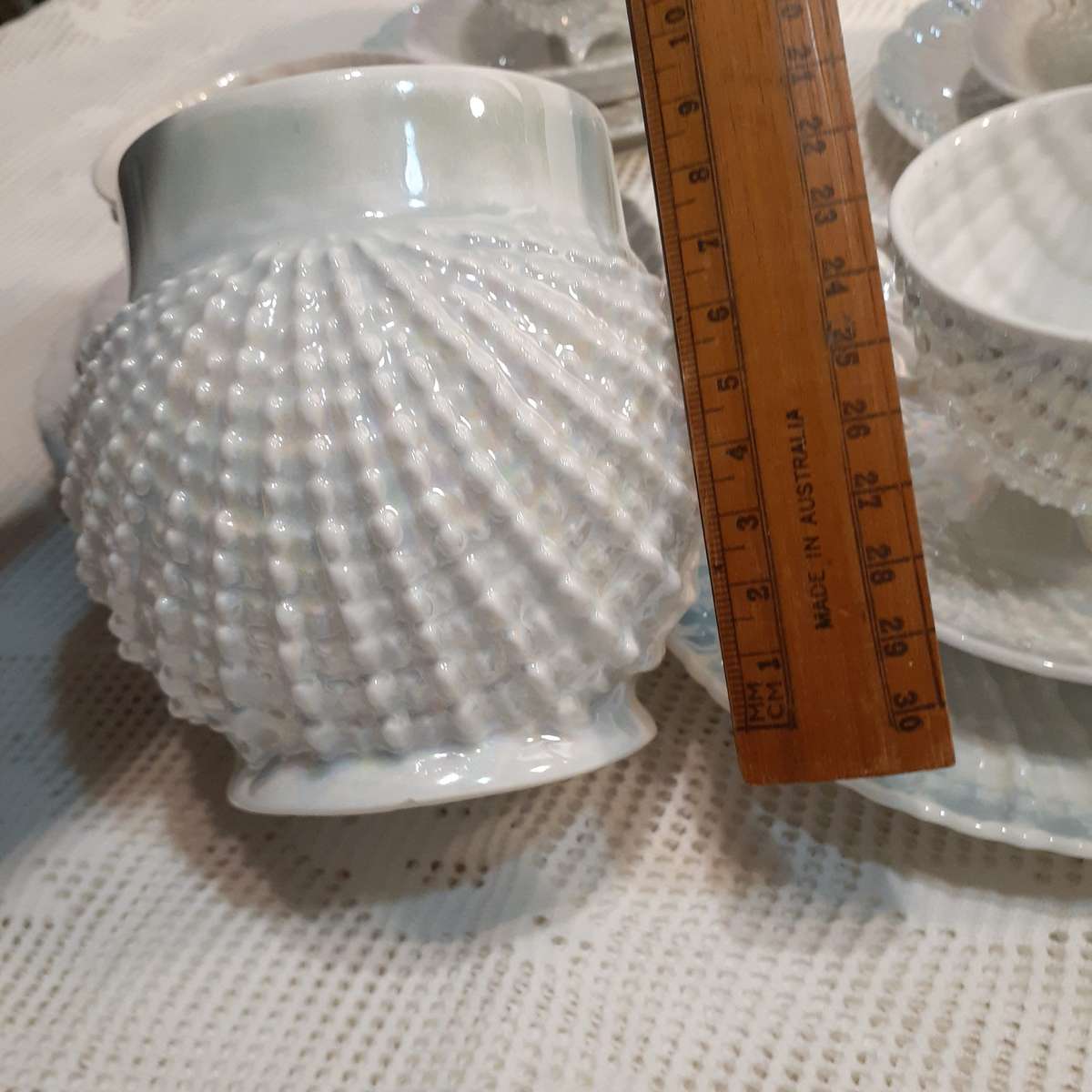 6 Bohemian tea trios - pearl lustre irridescent Victoria Austria plus 2 bowls