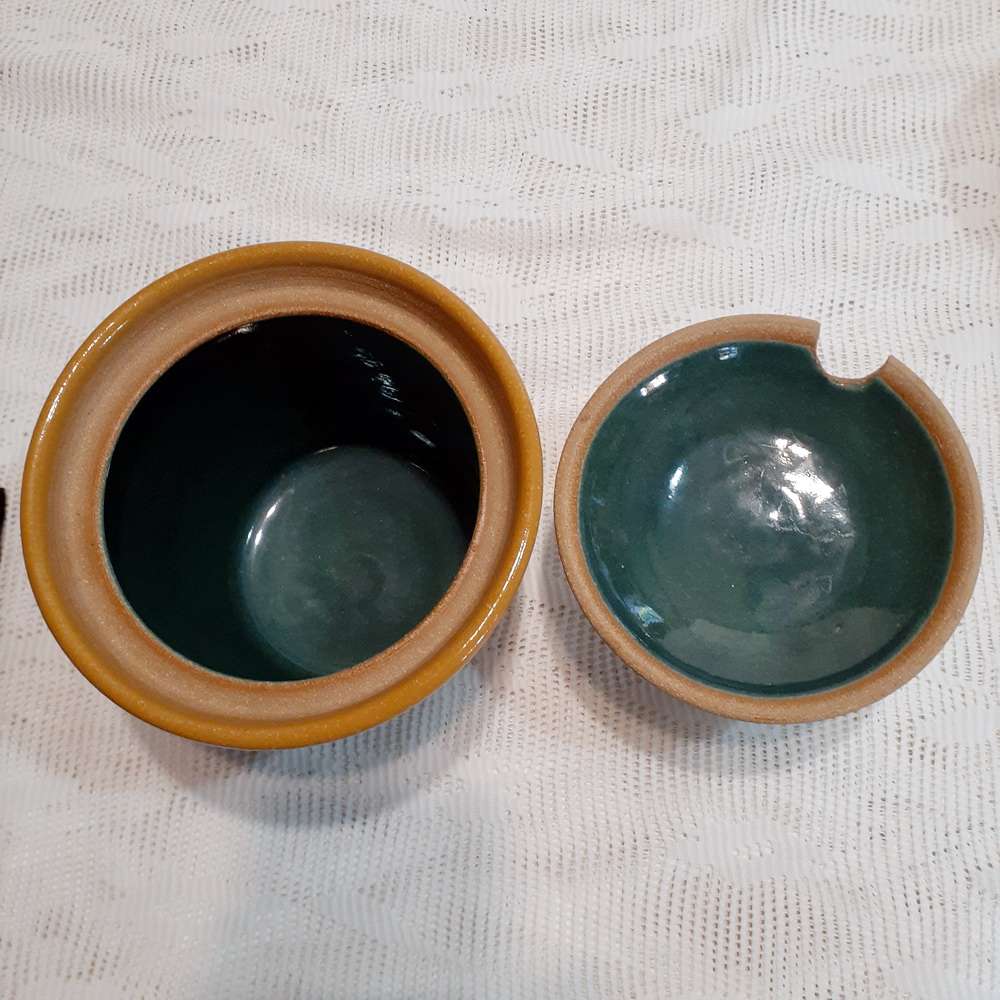 Lidded Stoneware jar with lid - salt jar, kitchen utensil - glazed green inside 17 cms with lid