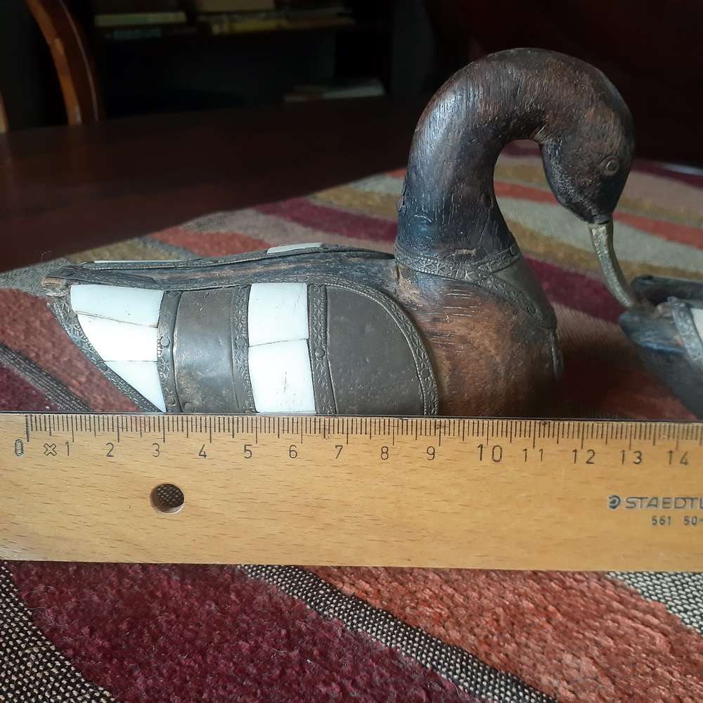 Two carved wooden ducks with bone and brass trim - vintage country decor