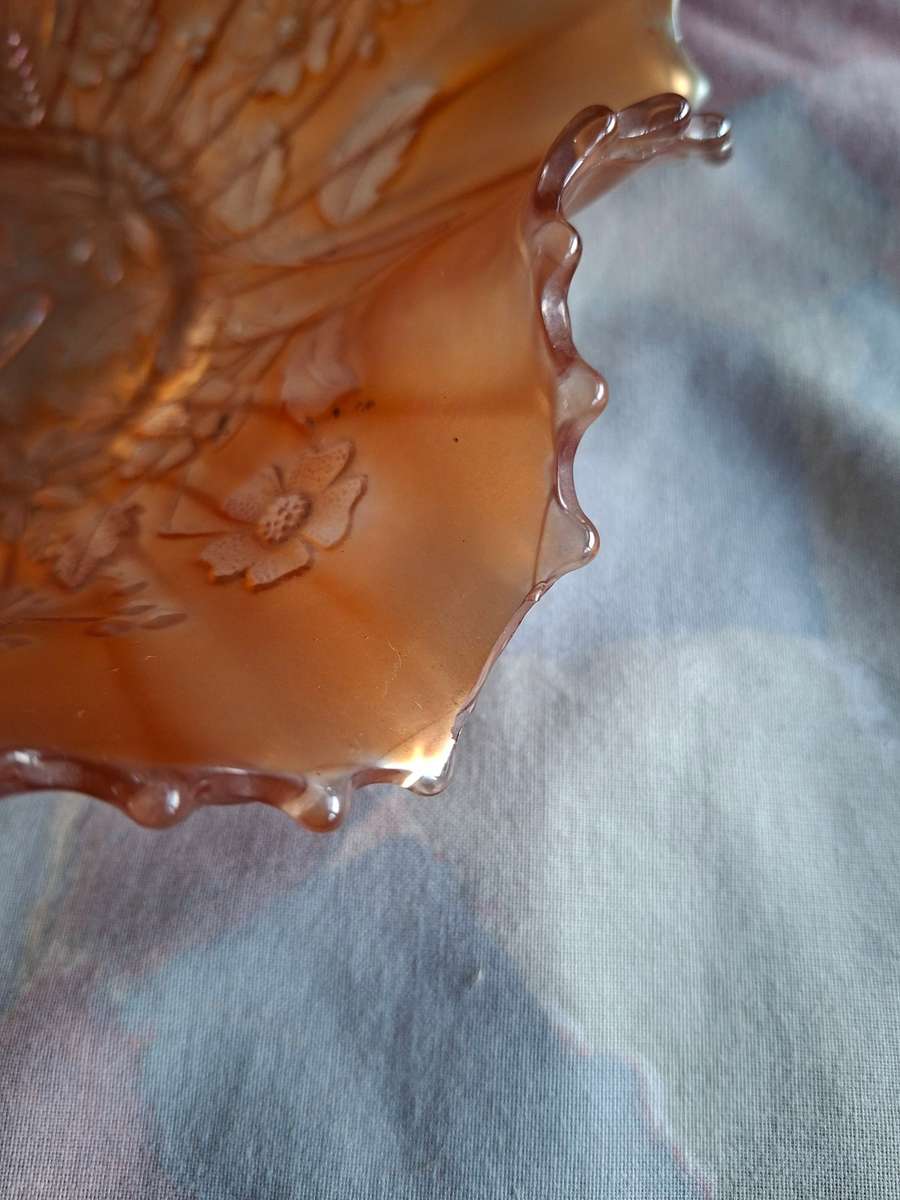 Carnival Glass bowl - Irridescent amber gold - Good Luck - horseshoe and flowers  22 dia