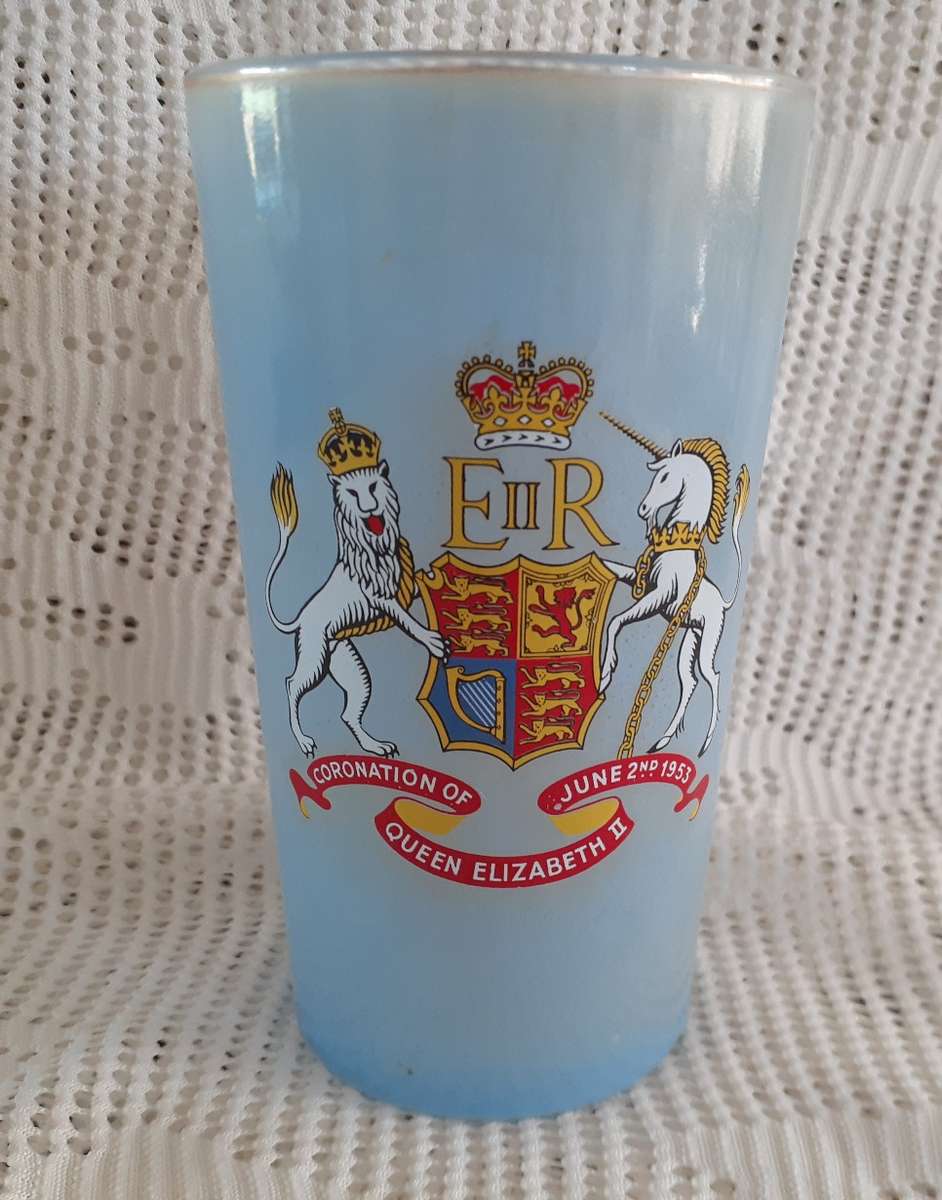 QE2 blue Coronation glass - 2 June 1953