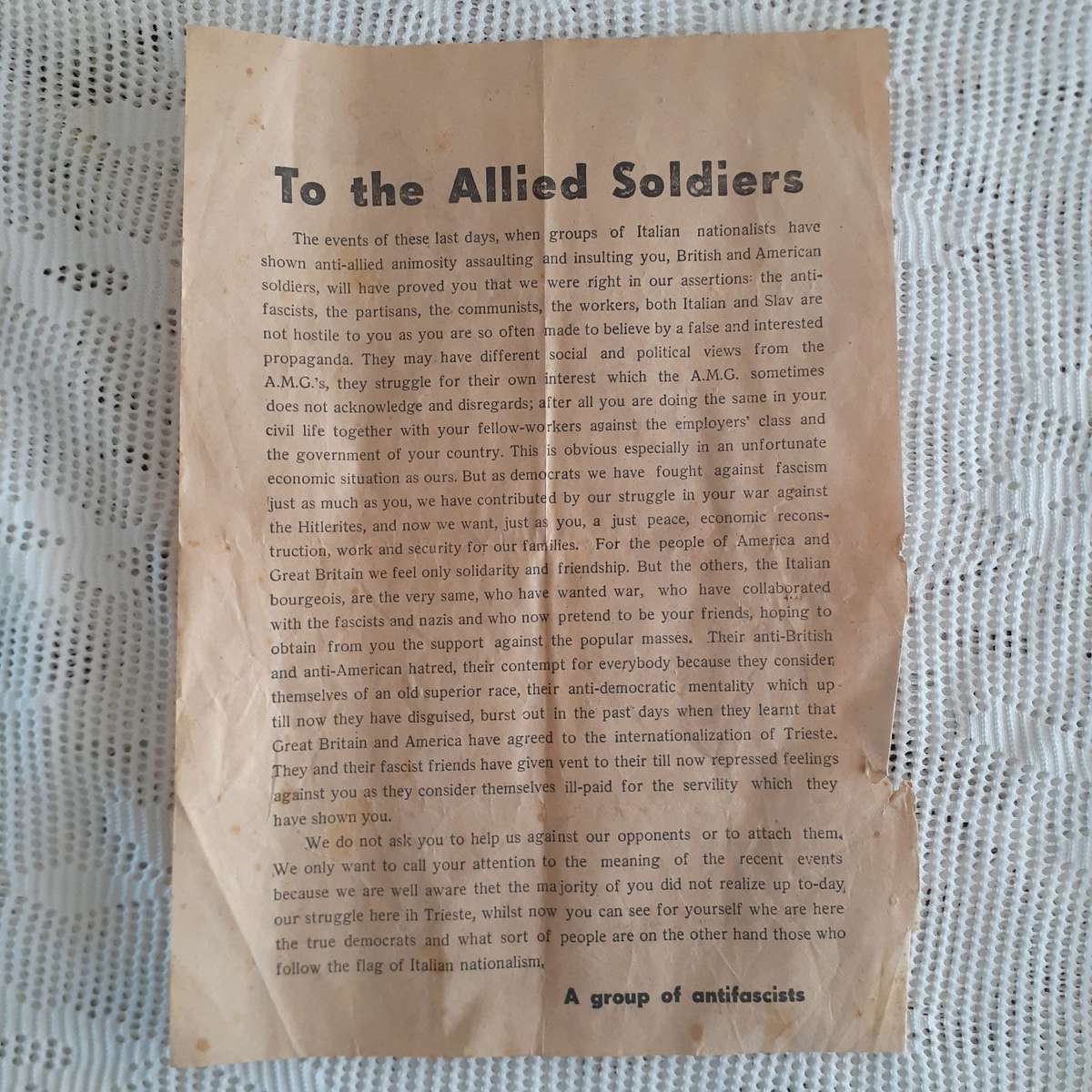 WW2 antifascist italian leaflet - original