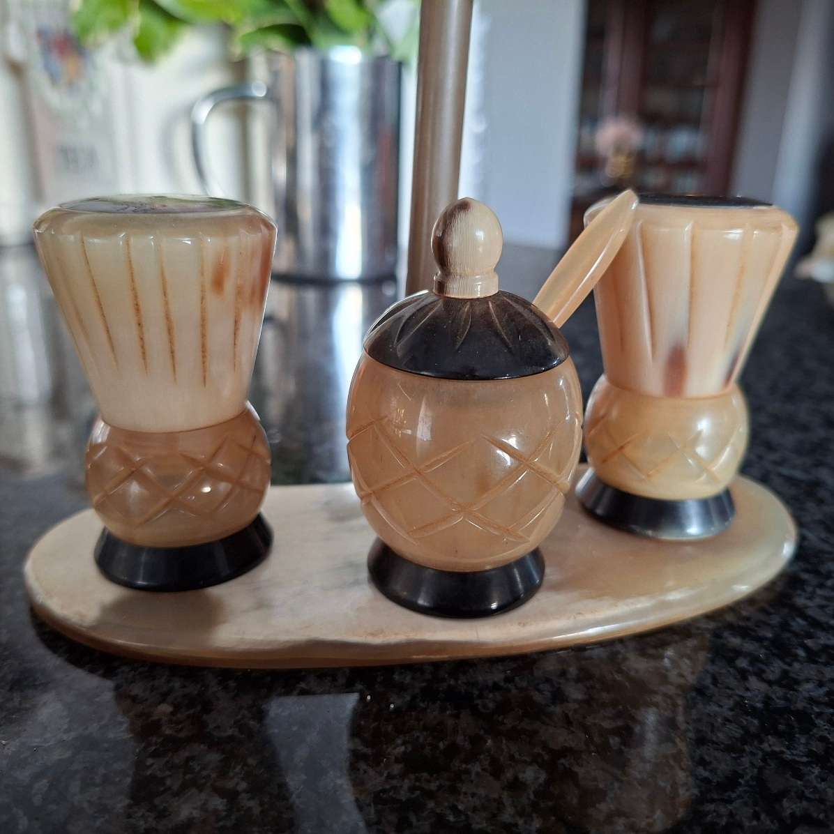 Condiment set Scottish Highland Cow horn craft - thistles