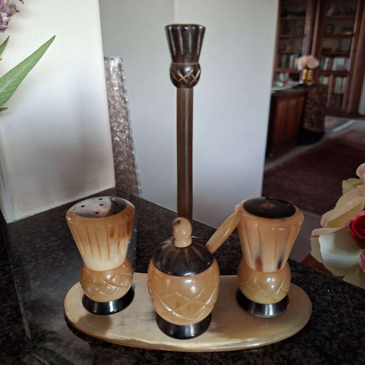 Condiment set Scottish Highland Cow horn craft - thistles