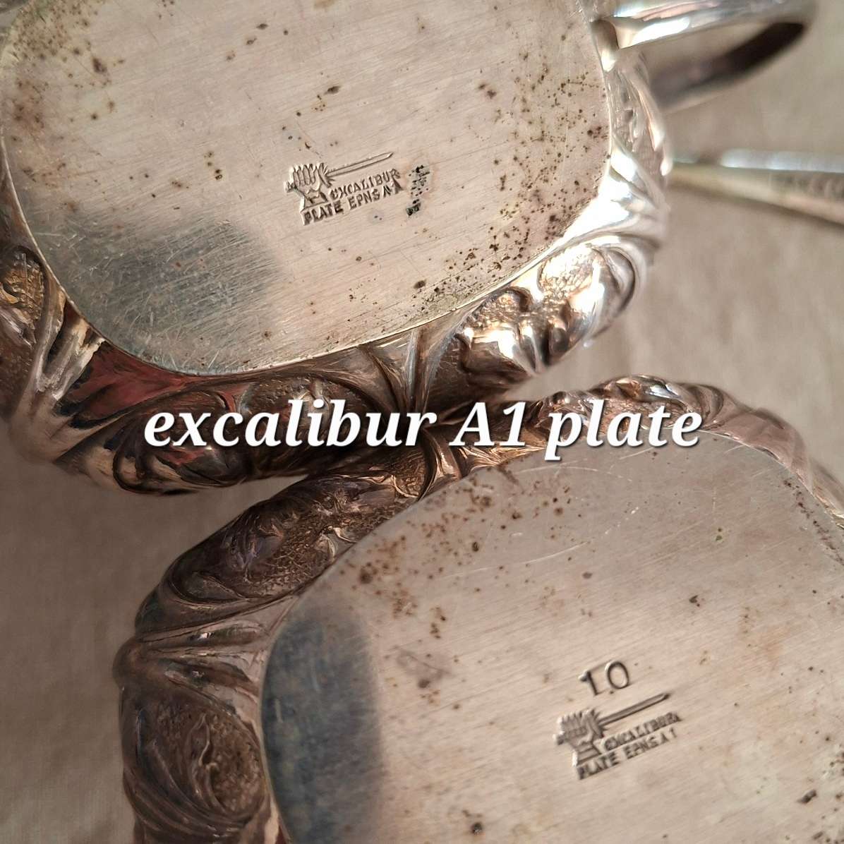 Silver plate Mustard and Salt set - glass inners with spoons.  Excalibur Plate