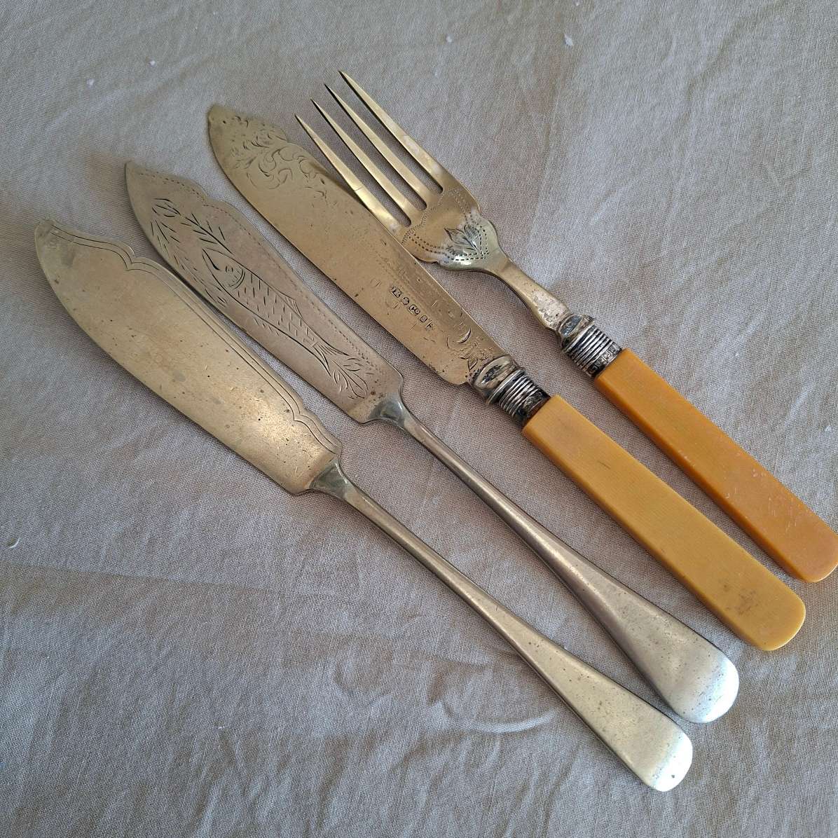 4 Fish knifes and forks 2 with hallmarked silver collars and bone handles. plus 2 fish knives.