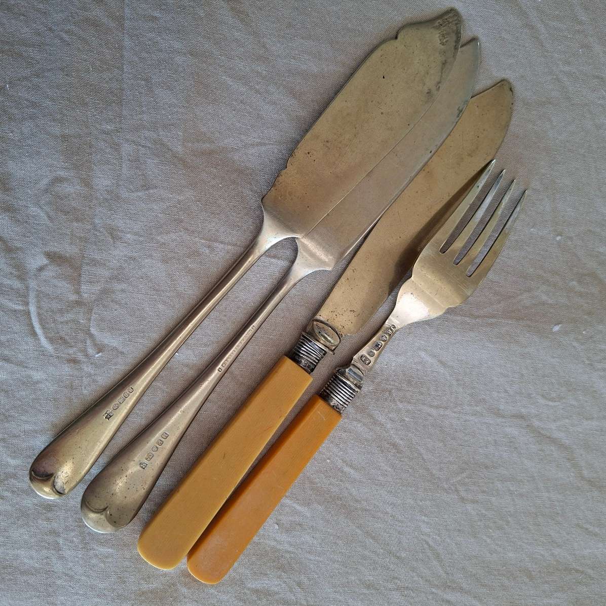 4 Fish knifes and forks 2 with hallmarked silver collars and bone handles. plus 2 fish knives.