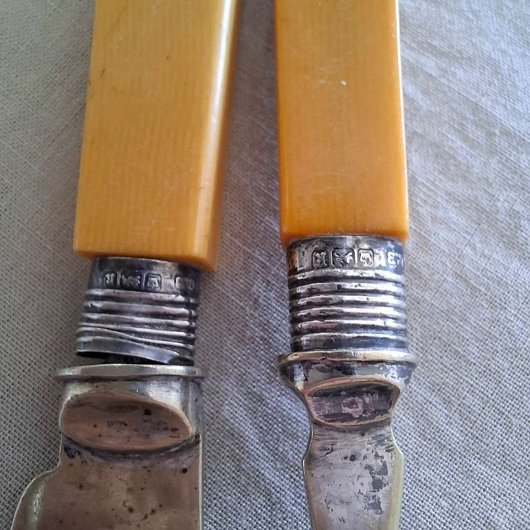 4 Fish knifes and forks 2 with hallmarked silver collars and bone handles. plus 2 fish knives.