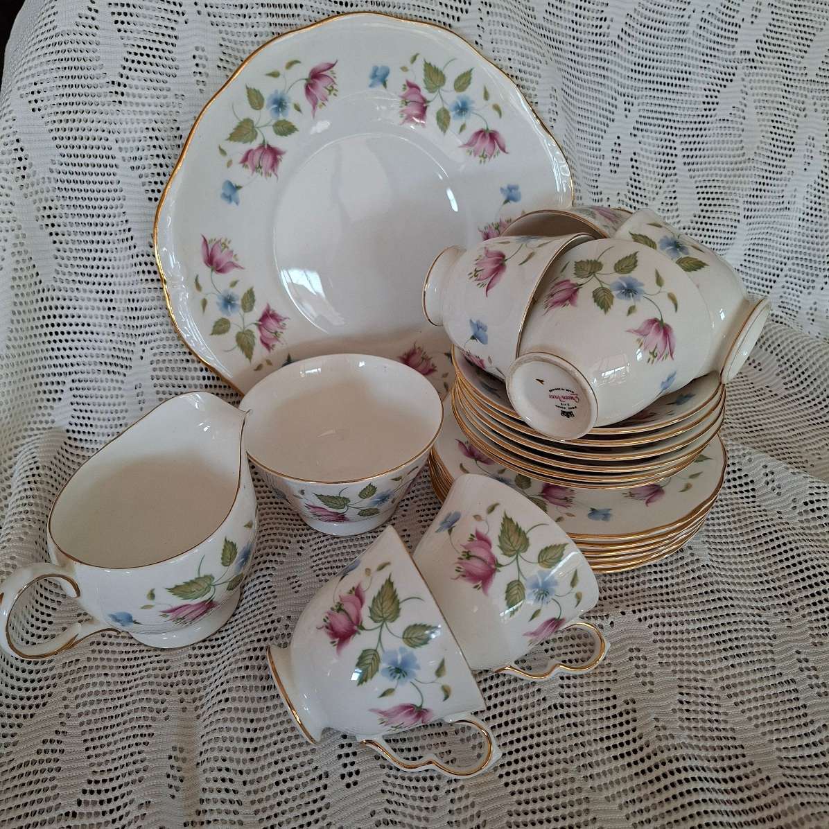 Tea Set Queen Anne 6 trios cake plate sugar basin and milk jug