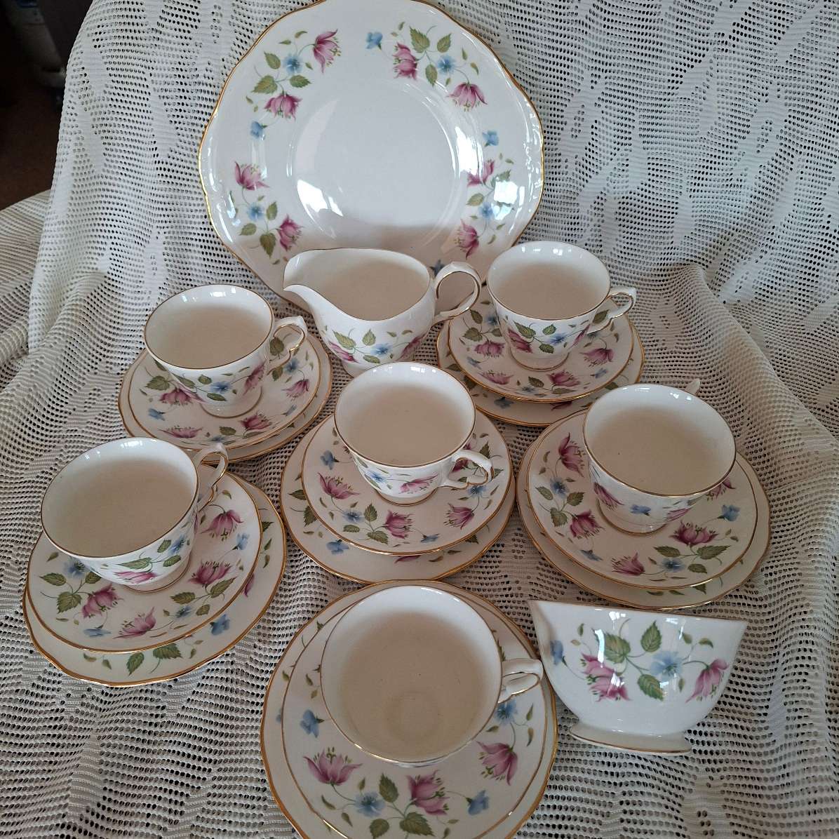 Tea Set Queen Anne 6 trios cake plate sugar basin and milk jug