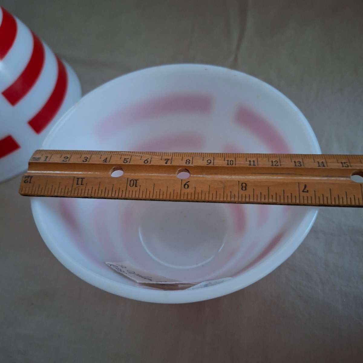 kitchenalia - 2 opalex bowls milky glass with bold red stripes