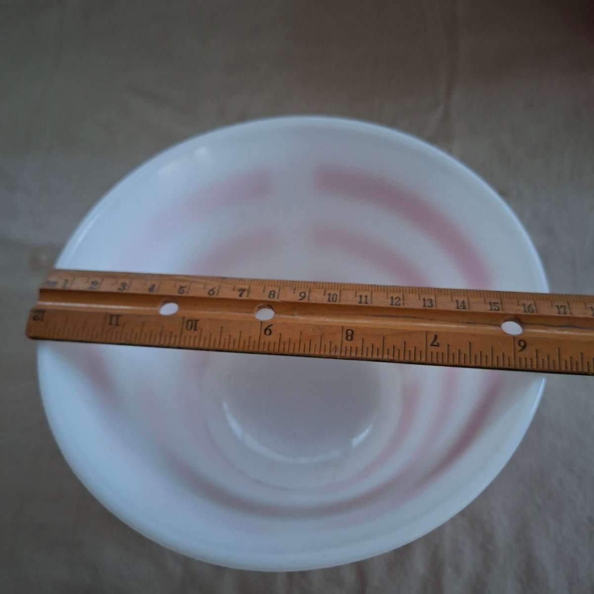 kitchenalia - 2 opalex bowls milky glass with bold red stripes