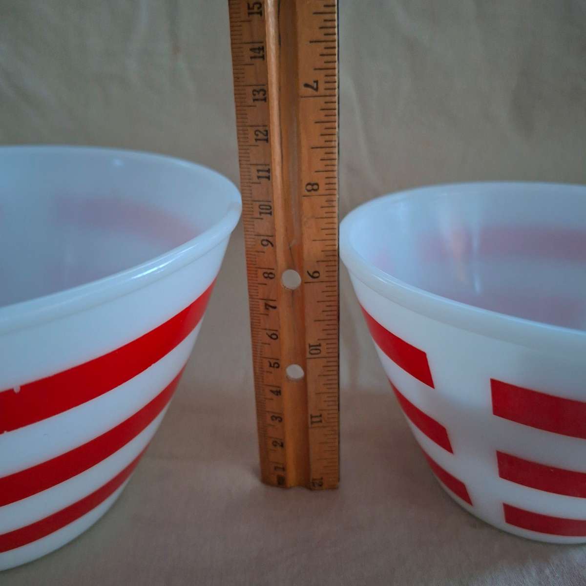 kitchenalia - 2 opalex bowls milky glass with bold red stripes