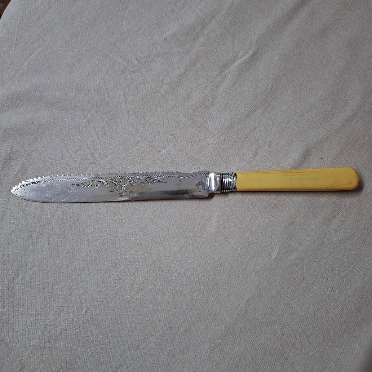 Antique Bread cake knife with silver hall marked collar - pretty etched design