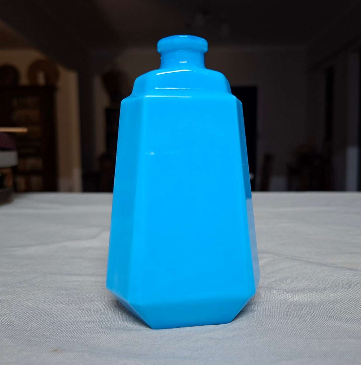 Blue Perfume bottle Blue Milk glass.   French Lou Lou by Cacharel empty