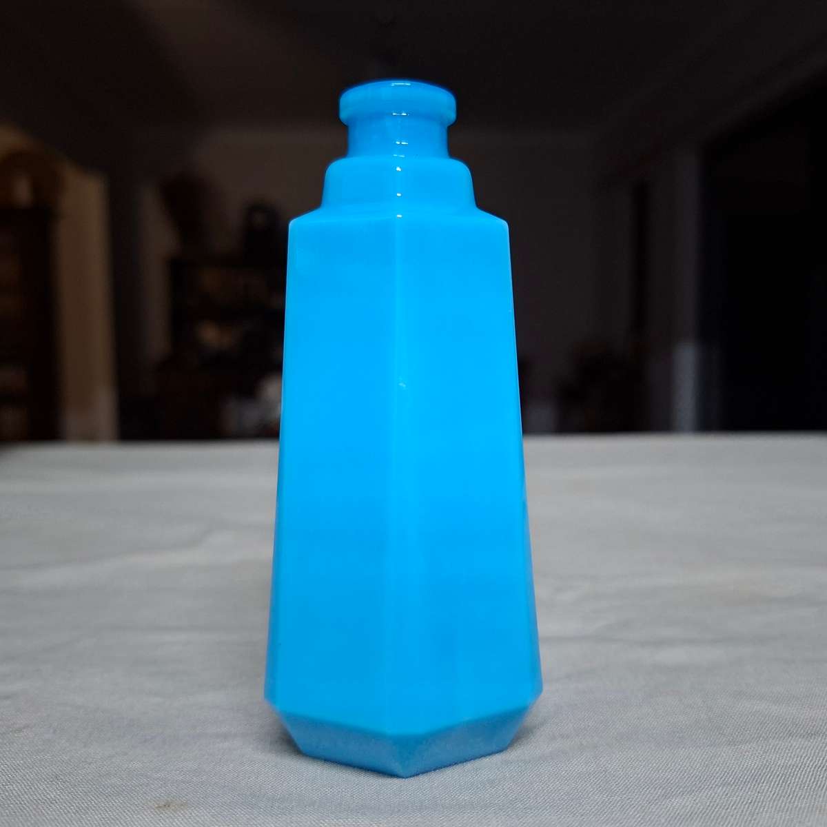 Blue Perfume bottle Blue Milk glass.   French Lou Lou by Cacharel empty