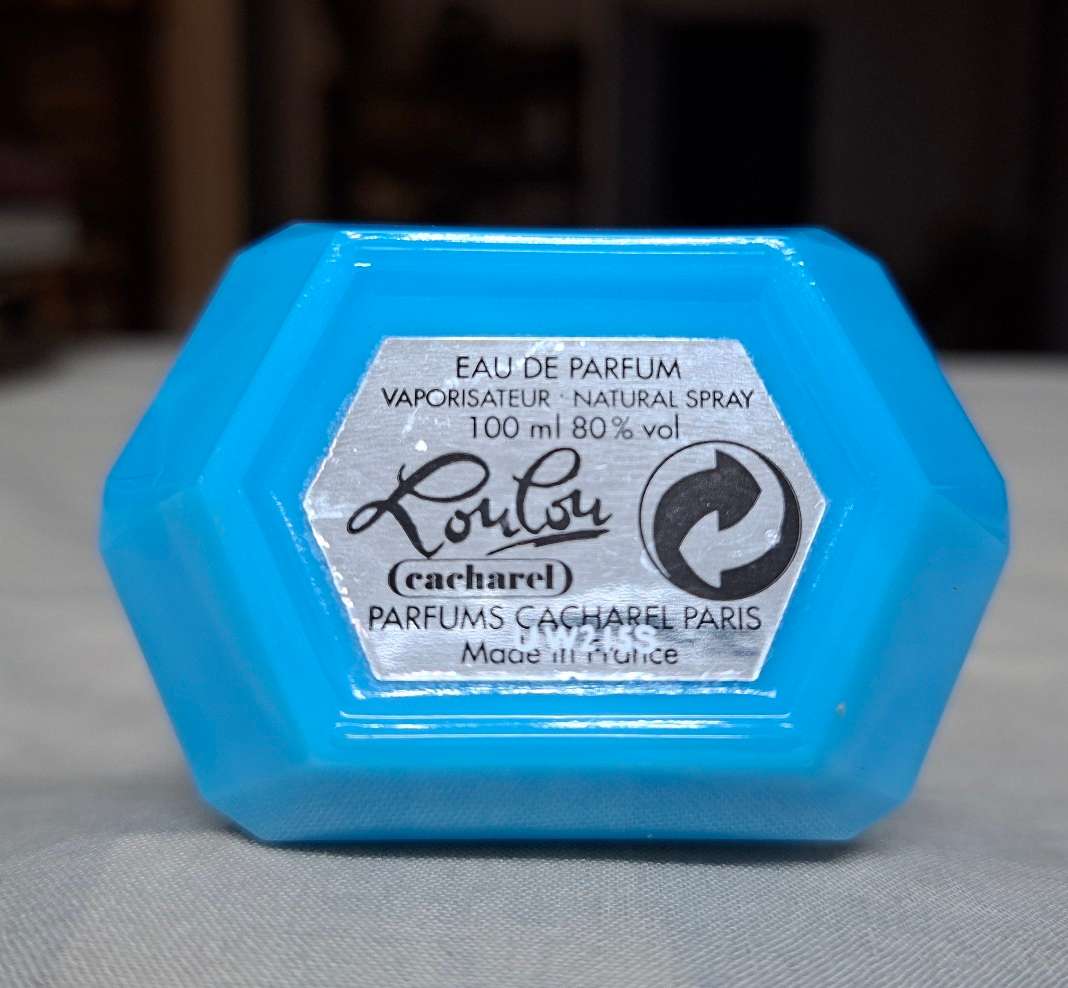 Blue Perfume bottle Blue Milk glass.   French Lou Lou by Cacharel empty