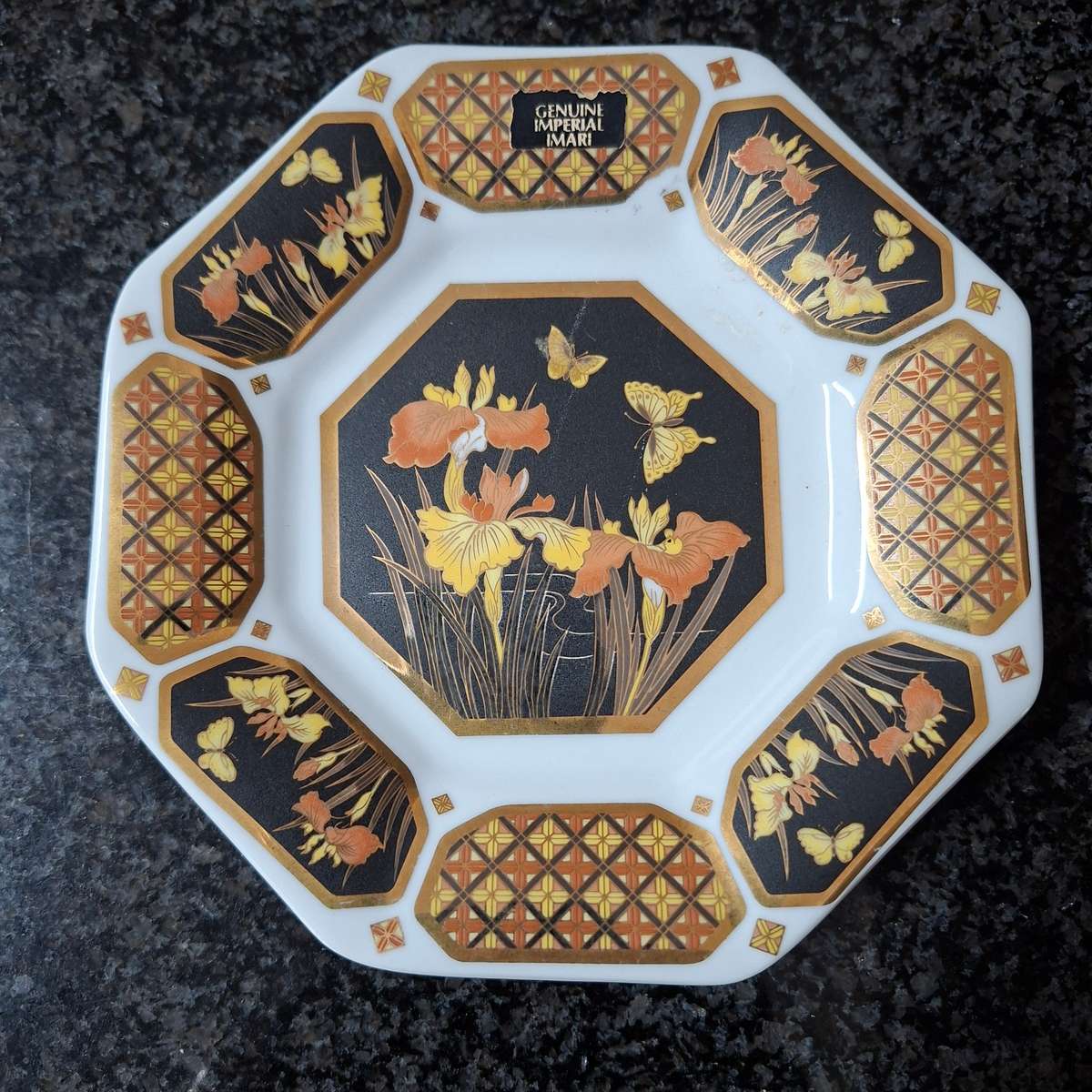 Genuine Imperial Imari Plate Irises and butterflies  16 cms dia octagonal