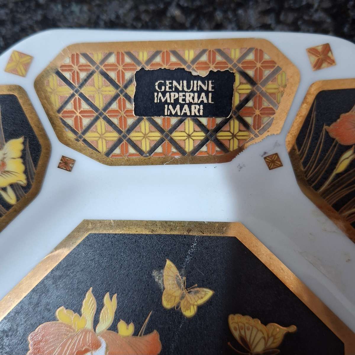 Genuine Imperial Imari Plate Irises and butterflies  16 cms dia octagonal