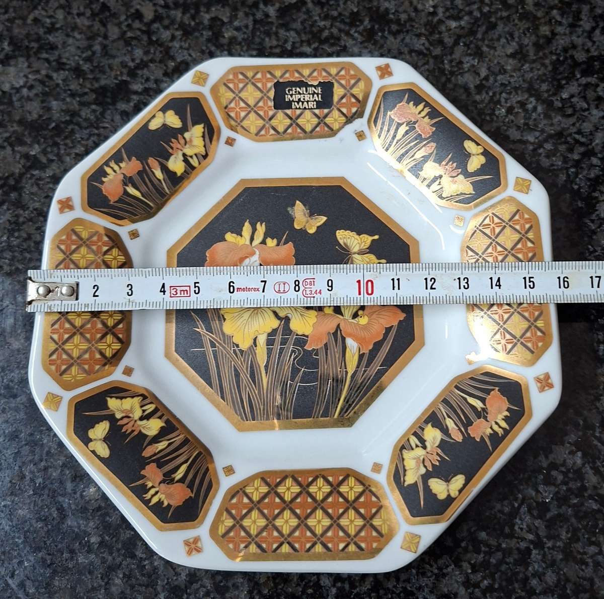 Genuine Imperial Imari Plate Irises and butterflies  16 cms dia octagonal