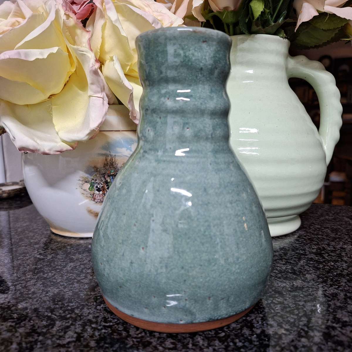 Sold Bobshop 2 Jan 2026 Green studio pottery vase - 16 cms