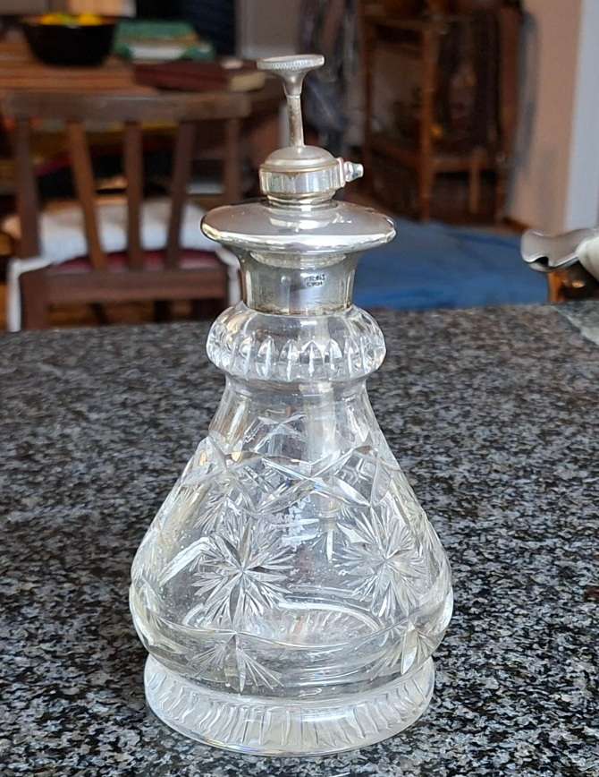 Perfume bottle, Silver Collar, crystal cut glass, atomiser - needs some attention.  17cms