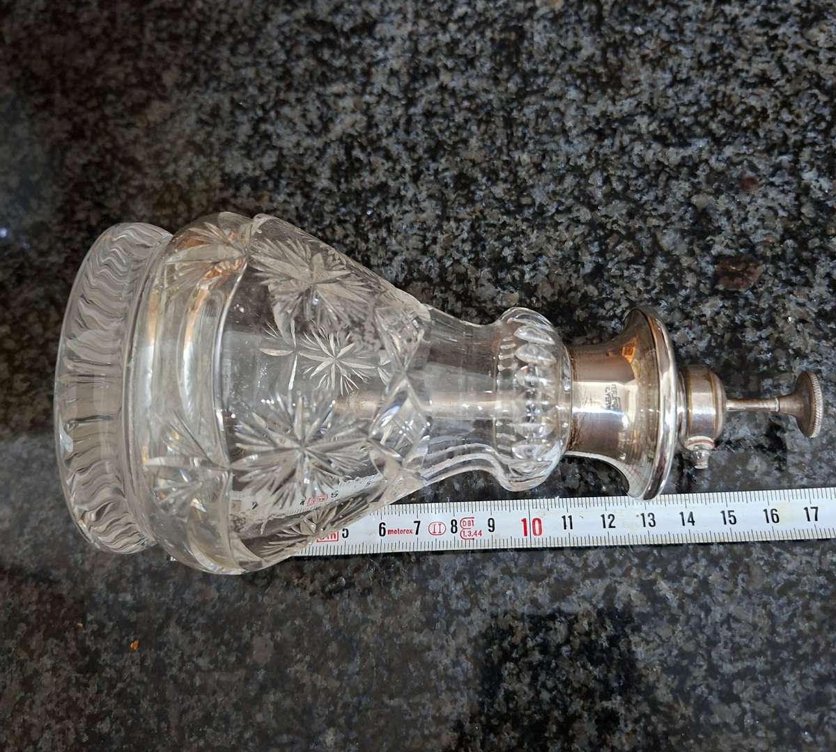 Perfume bottle, Silver Collar, crystal cut glass, atomiser - needs some attention.  17cms