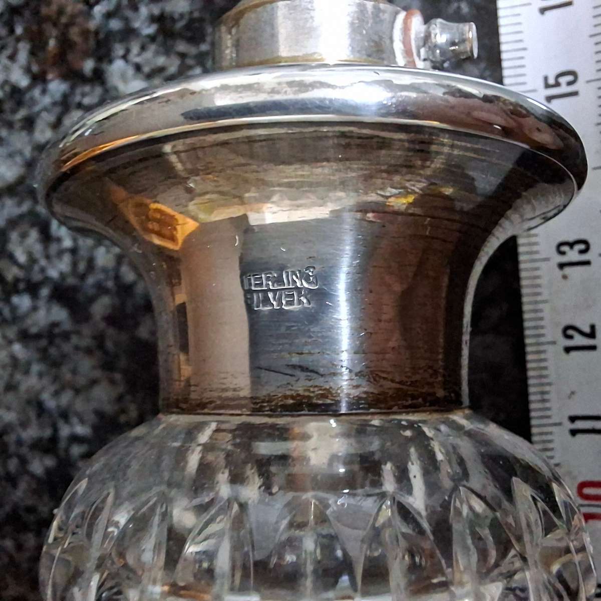 Perfume bottle, Silver Collar, crystal cut glass, atomiser - needs some attention.  17cms