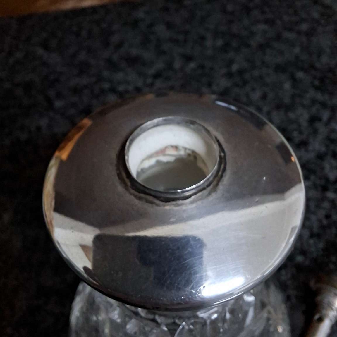 Perfume bottle, Silver Collar, crystal cut glass, atomiser - needs some attention.  17cms