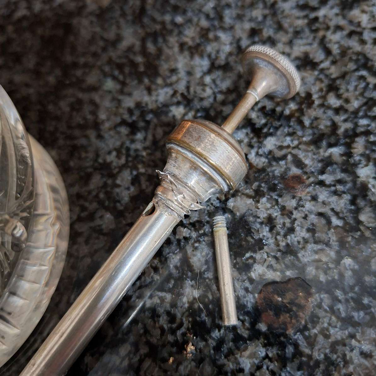 Perfume bottle, Silver Collar, crystal cut glass, atomiser - needs some attention.  17cms