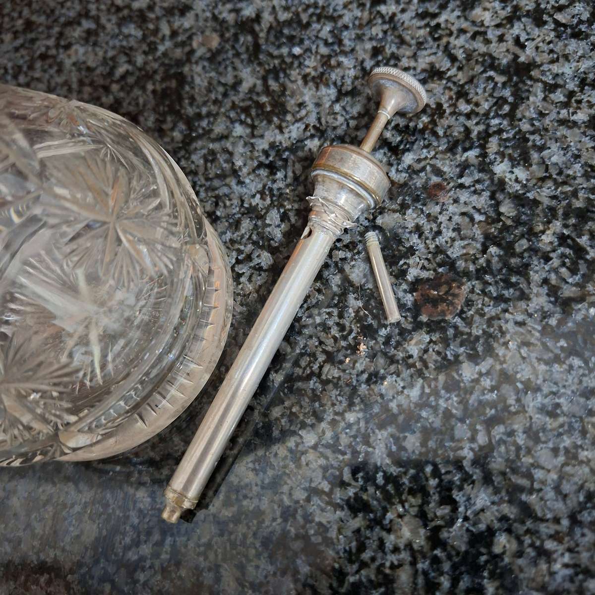 Perfume bottle, Silver Collar, crystal cut glass, atomiser - needs some attention.  17cms